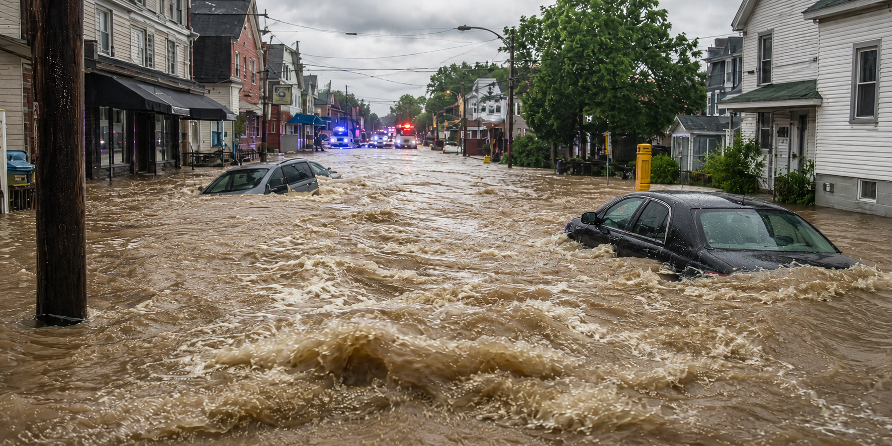 Flooded roadway during heavy rain